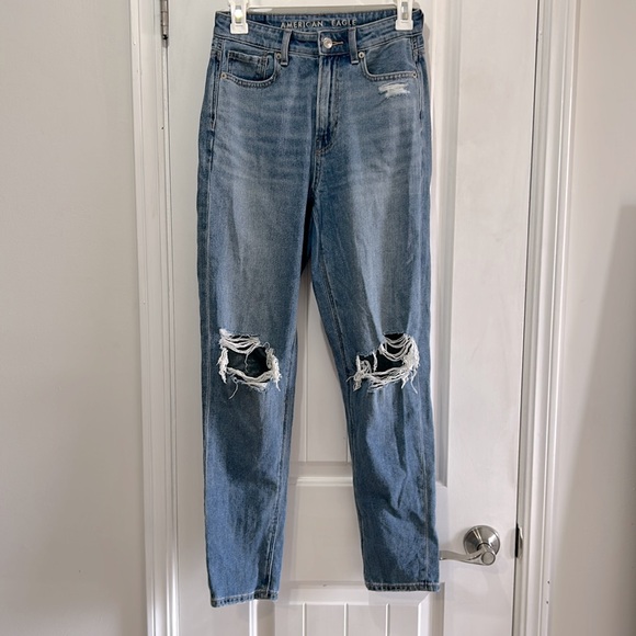 American Eagle comfort stretch waistband denim blue distressed jeans in size 00 - Picture 1 of 11